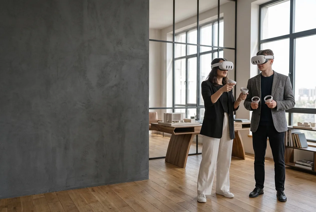 Two designers wearing VR headsets in a spatial design studio