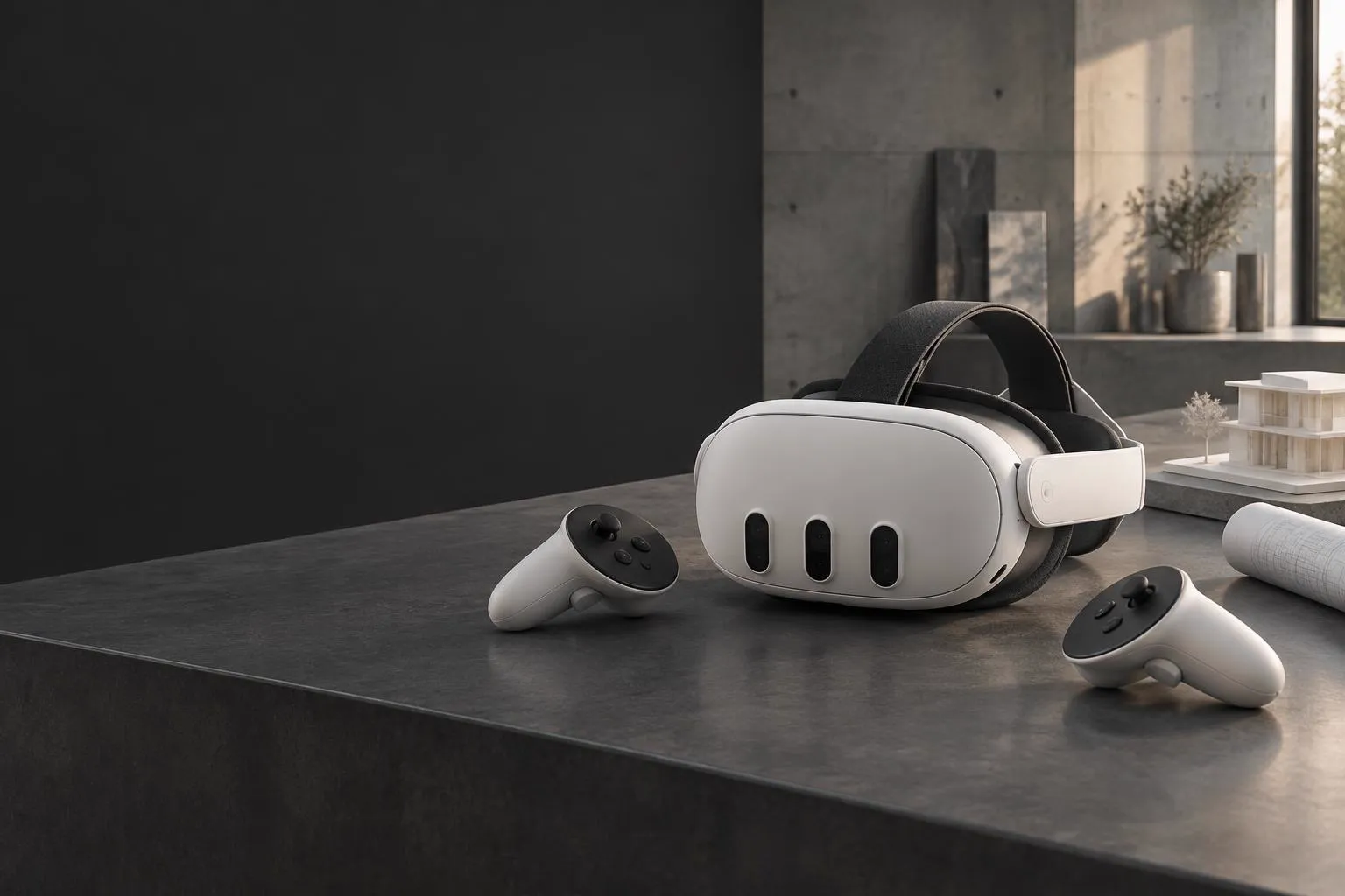 Meta Quest headset and controllers on a concrete architect's table beside a white building model
