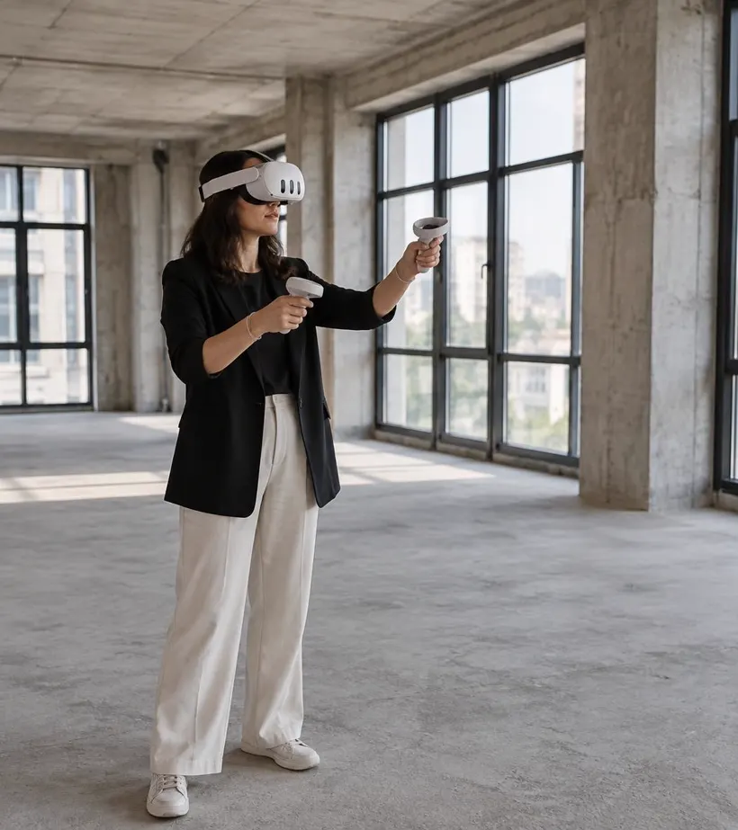 A designer wearing a Quest headset reviewing an empty concrete floor plate